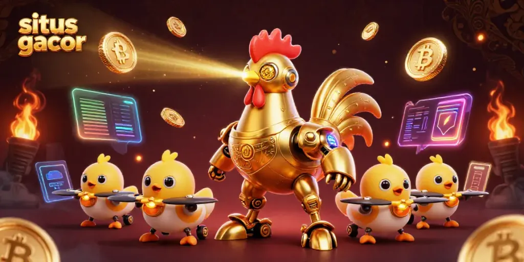Shoot lasers from the situs slot gacor themed golden rooster robot, creating excitement in the casino.