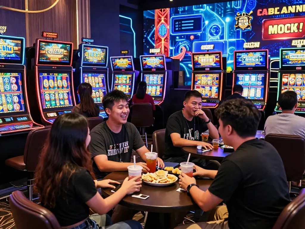 Exciting scene of diverse players enjoying slot gacor machines in a vibrant online casino atmosphere.