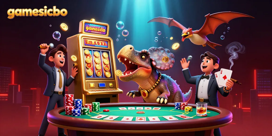 Watch gamesicbo come alive as a cartoon dinosaur triggers a jackpot in this casino-themed illustration.