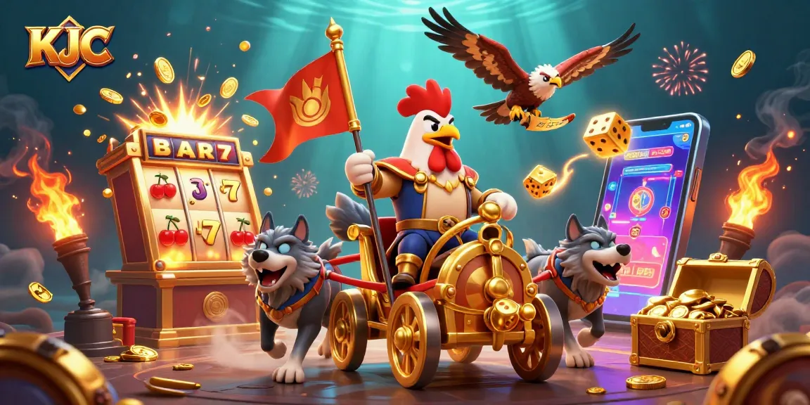 KJC engages players with thrilling slots, showcasing a powerful rooster and rich casino visuals.