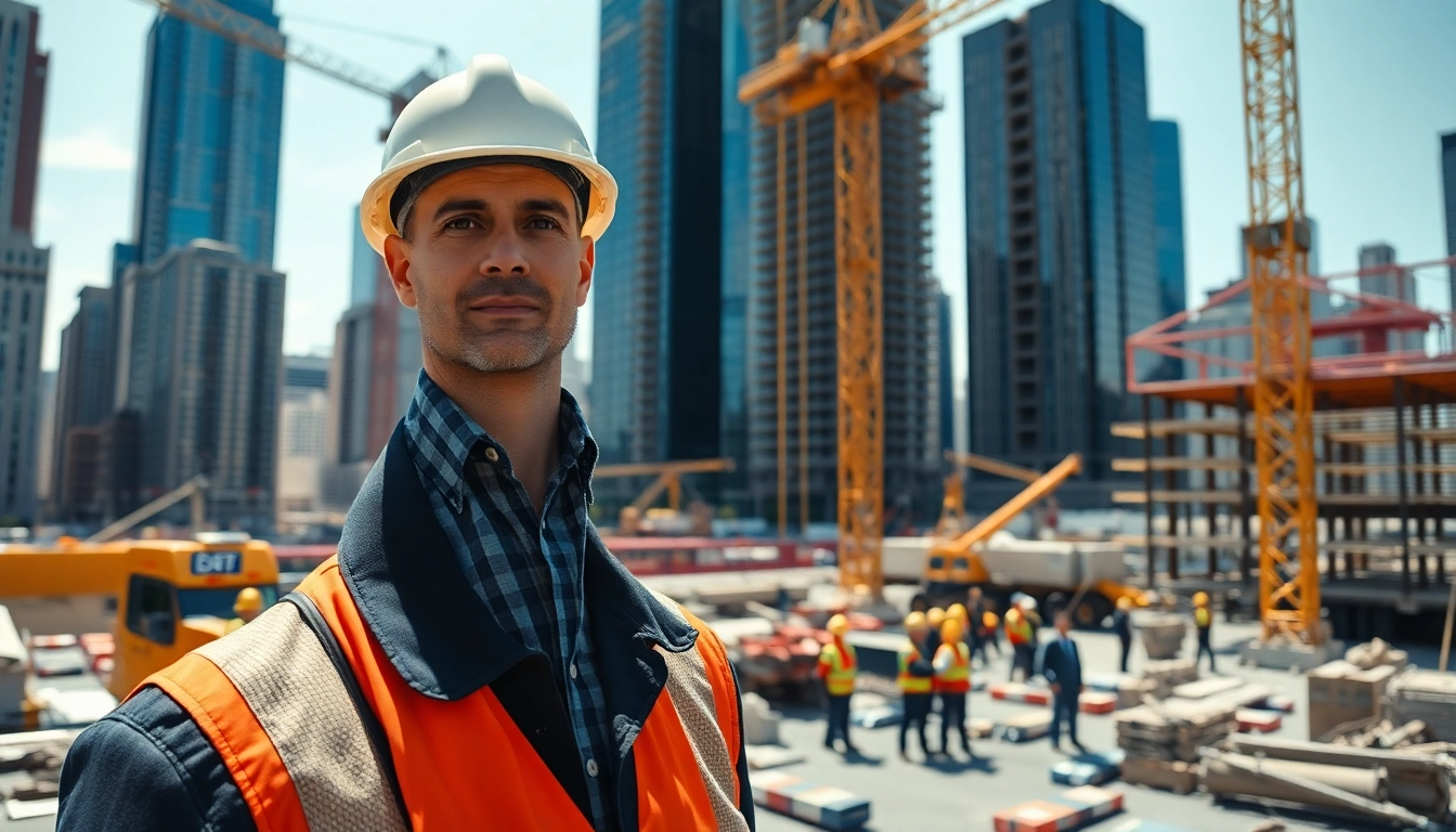 New York City Construction Manager supervising an active construction site with workers and cranes.