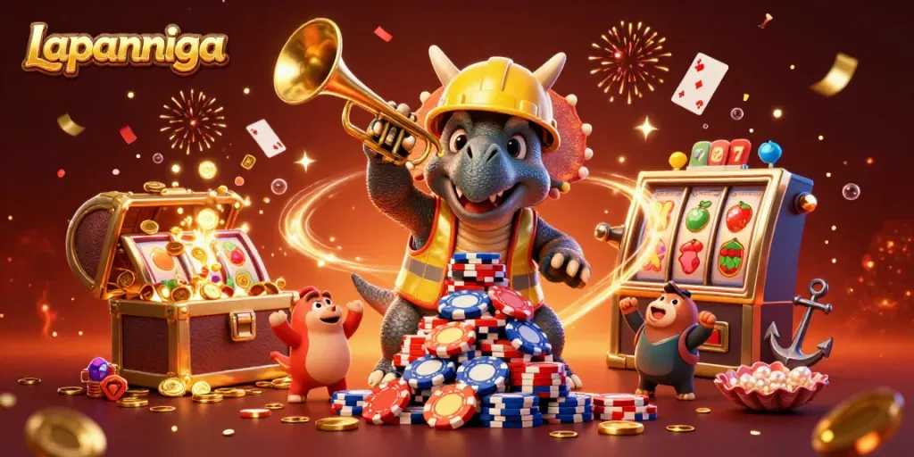 Celebrate wins at Lapannaga with lively characters and casino elements in this vibrant illustration.