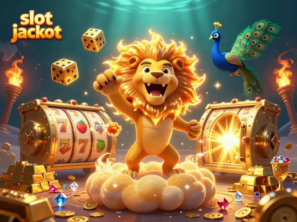 Experience the thrill of slot jackpots with a dazzling illustration featuring golden treasures and roaring lion.