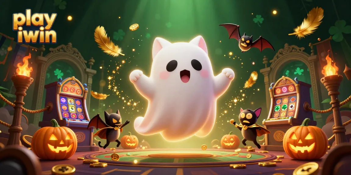 Play iwin with a ghost cat and a bat in a haunted casino scene filled with gold.