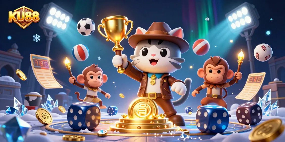 Engaging scene of KU88 with an archaeologist cat and monkey finding casino artifacts among dynamic sports elements.