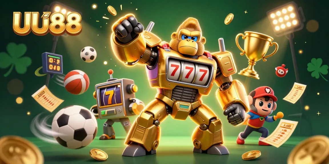 Experience thrilling gaming with UU88's golden gorilla mech in an action-packed casino illustration.