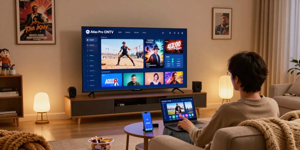 Enjoy a cozy home cinema experience with the Atlas Pro ONTV application streaming on a Smart TV.