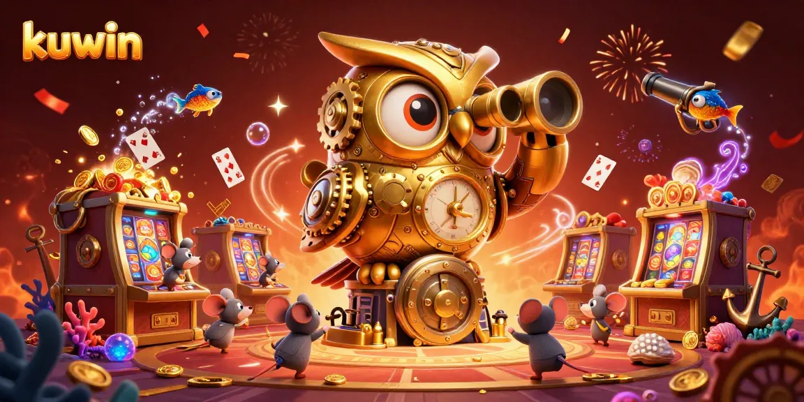 Kuwin players winning big with a golden owl and vibrant casino elements in an energetic scene.