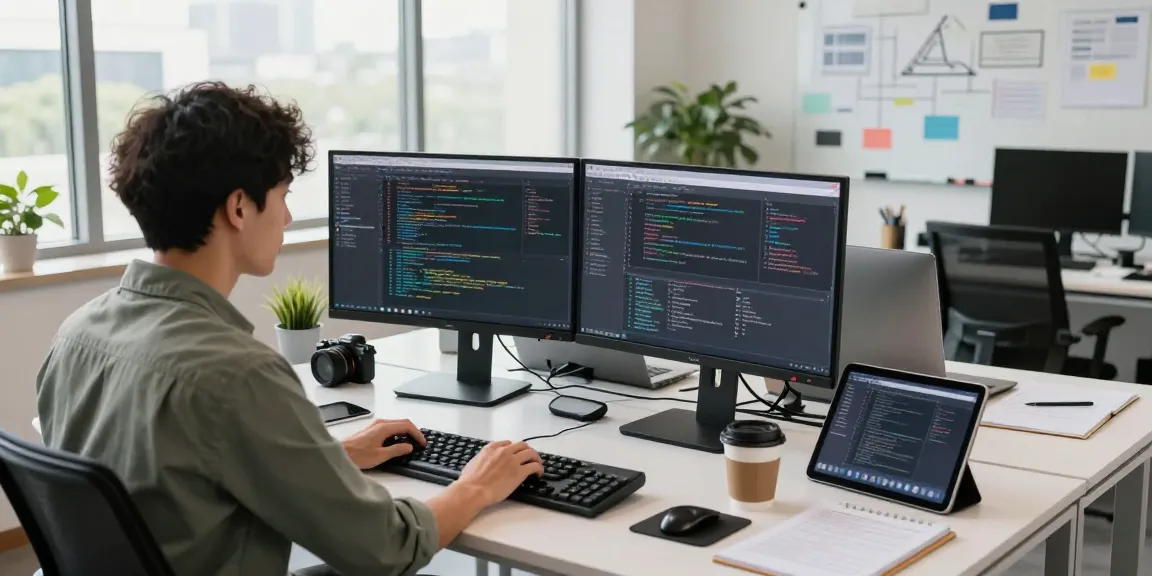 Build internal tools with AI in a modern workspace featuring a developer coding at dual monitors.