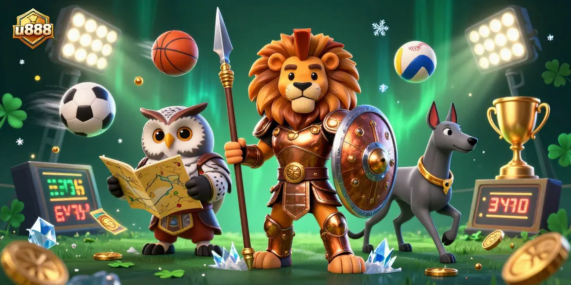 Engage in thrilling u888 sports betting with a heroic Spartan lion and tactical characters.