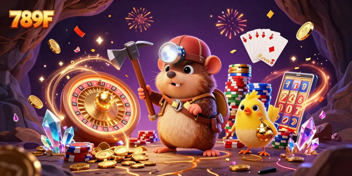 Experience the thrilling action at 789F with golden treasures and exciting games in this vibrant illustration.