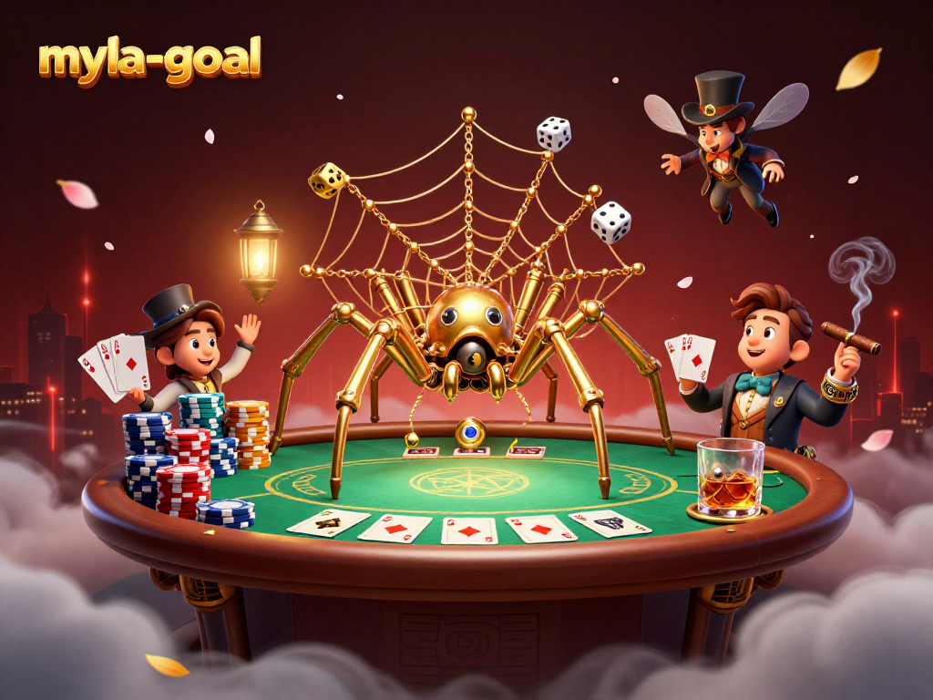 Experience myla-goal with a steampunk spider catching dice in an extravagant casino web.
