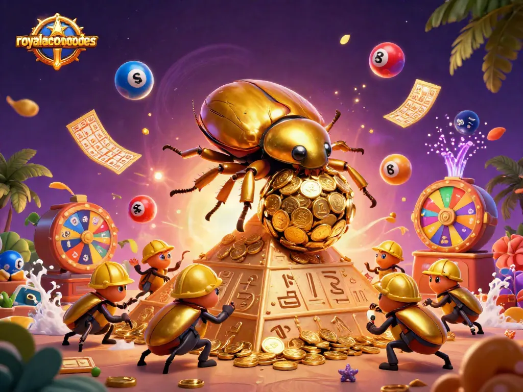 Win with royalacebonuscodes by playing a vibrant casino-themed lottery game with golden coins and prizes.