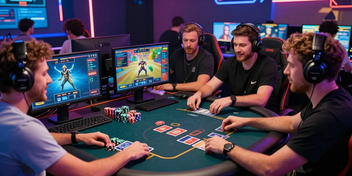 M98 ล๊อตเว็บตรง 2026 players strategizing around a gaming table in a vibrant online gambling environment.