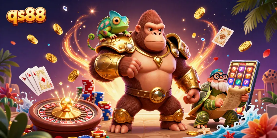 Experience qs88 with a gorilla king, chameleon spy, and tortoise elder in a vibrant casino scene.