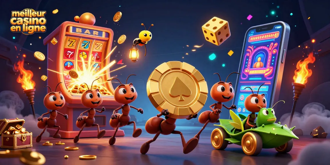 Découvrez le meilleur casino en ligne avec des fourmis, une luciole et une sauterelle dans une scène de jeu colorée.
