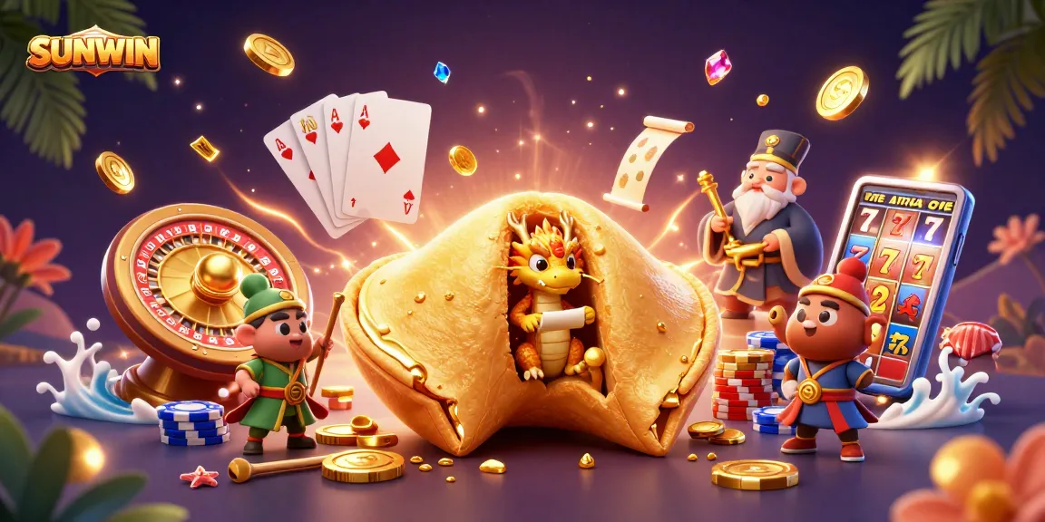 SUNWIN presents an exciting casino scene with a golden fortune cookie, wise dragon, and vibrant gaming elements.