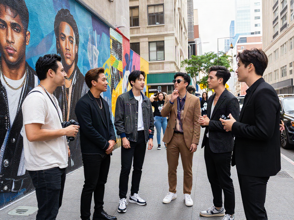 Crowd of people resembling celebrities look alike enjoying the city atmosphere.