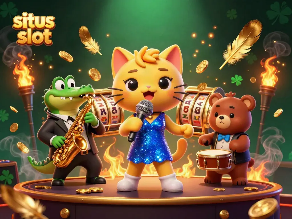Experience the thrill of situs slot with a vibrant casino scene of lively characters.