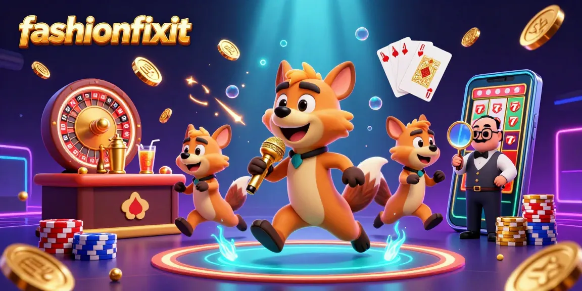 Hyenas in a comedy casino scene with golden coins, showcasing fashionfixit branding and vibrant action.