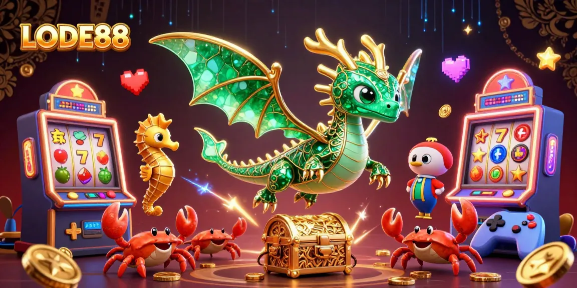 Experience LODE88’s vibrant casino world with sea dragons, slot machines, and glowing treasures!