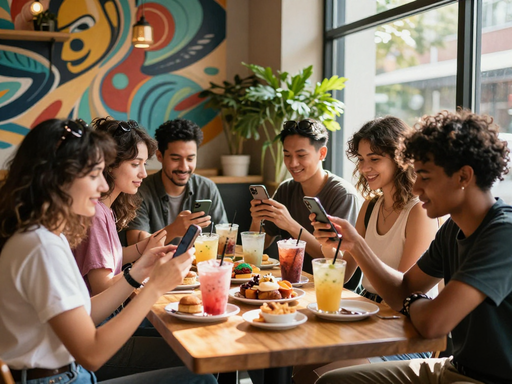 Kelompok teman menikmati minuman di kafe sambil membahas delapan toto dalam suasana yang ceria.