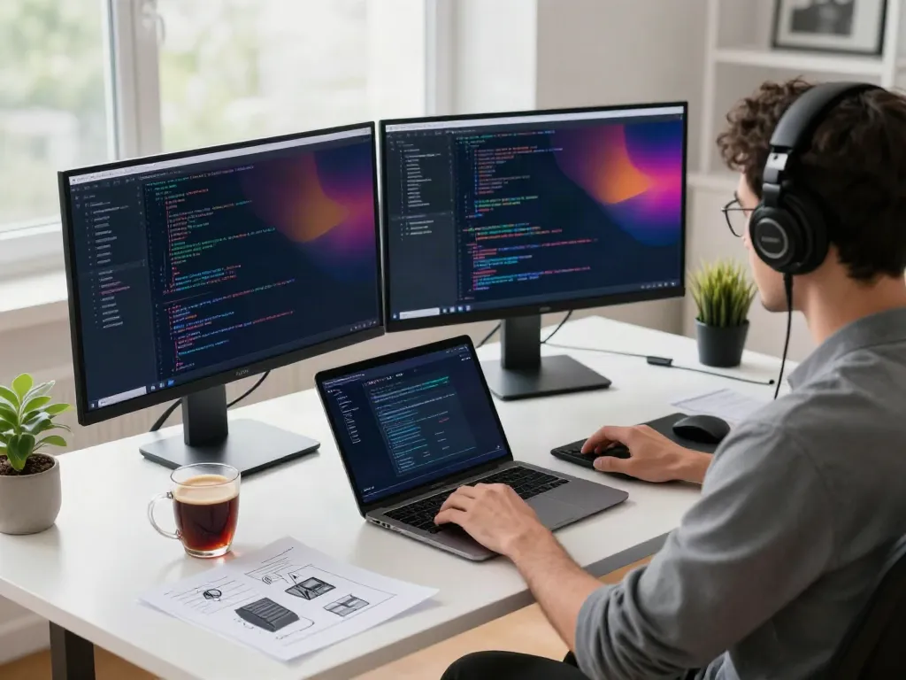 v2rayN官网 workspace with developer coding on dual monitors, showcasing modern tech atmosphere.