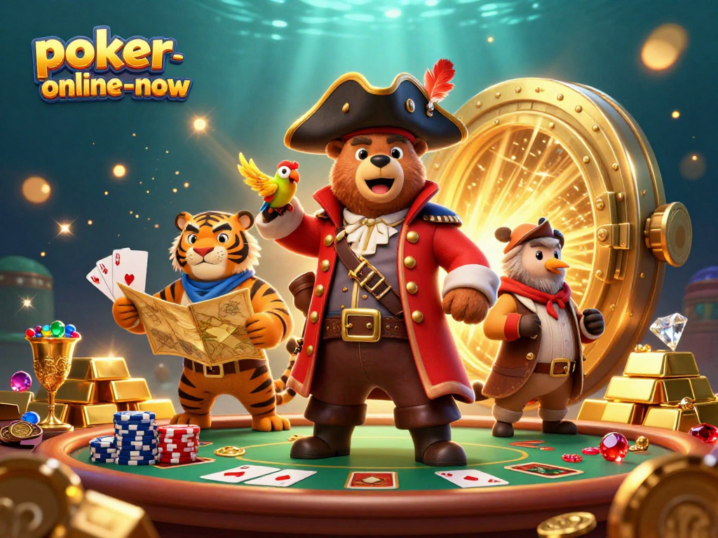 Experience thrilling poker at poker-online-now with a cartoon pirate captain and tiger in an exciting casino illustration.