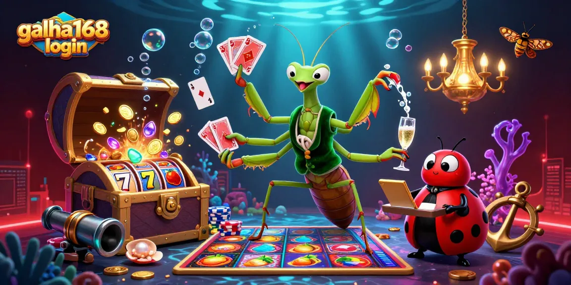 Gacha168 login gaming scene with a giant mantis dealer, vibrant slot elements, and rich underwater treasures.