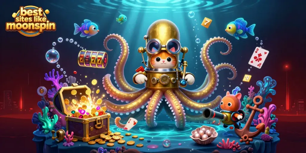 Experience the best sites like moonspin with thrilling games and exciting offers in this vibrant casino illustration.