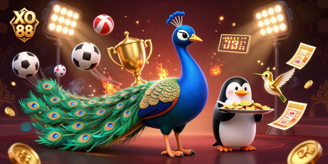 Bet on sports with XO 88, in a vibrant casino scene featuring a peacock, a penguin, and more.