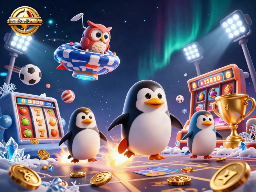 Experience thrilling gameplay with siteslikewildcasino as a golden penguin zooms towards a casino space station.