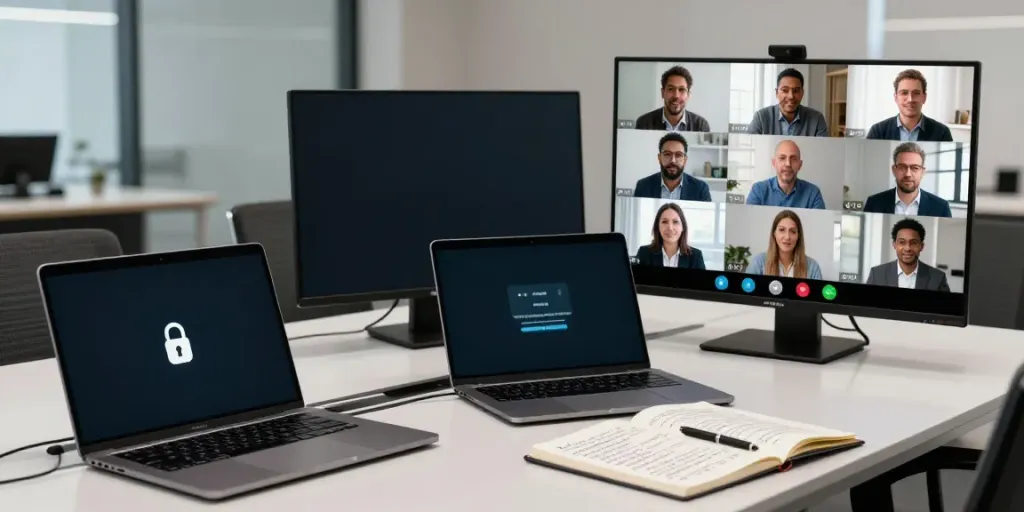 Deepfake protected Online Video Calls setup with diverse participants discussing securely on video.