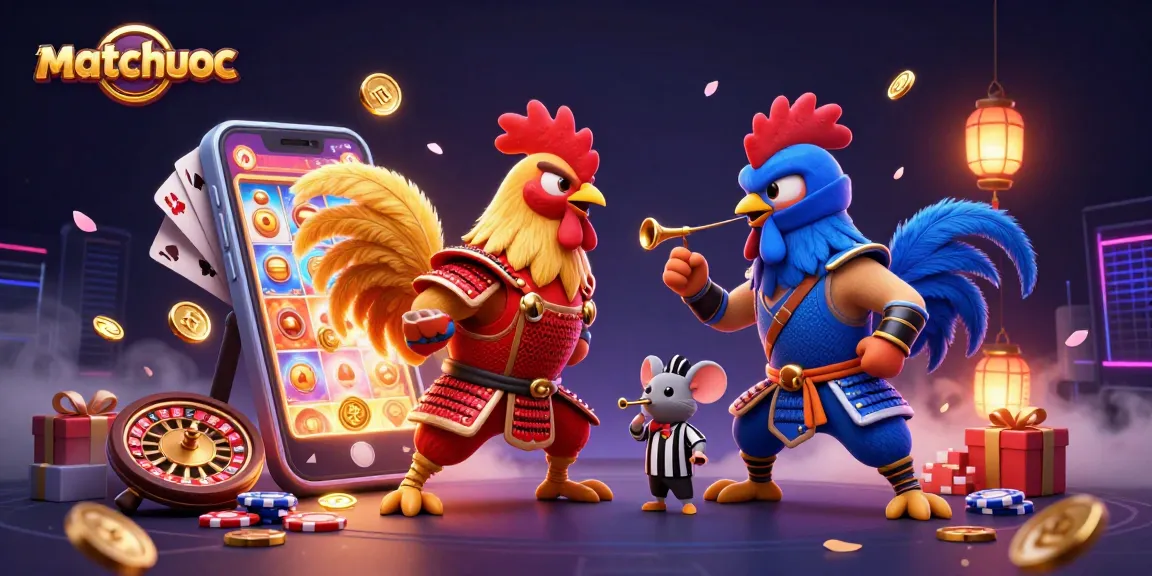 Engage with matchuoc's thrilling gaming world featuring samurai roosters in a dramatic casino showdown.