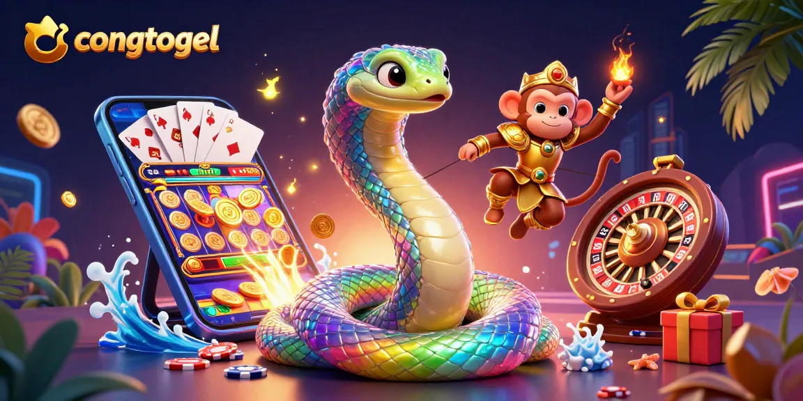 Engage with congtogel's vibrant 3D illustration showcasing a playful monkey king and a rainbow serpent in a dynamic casino setting.