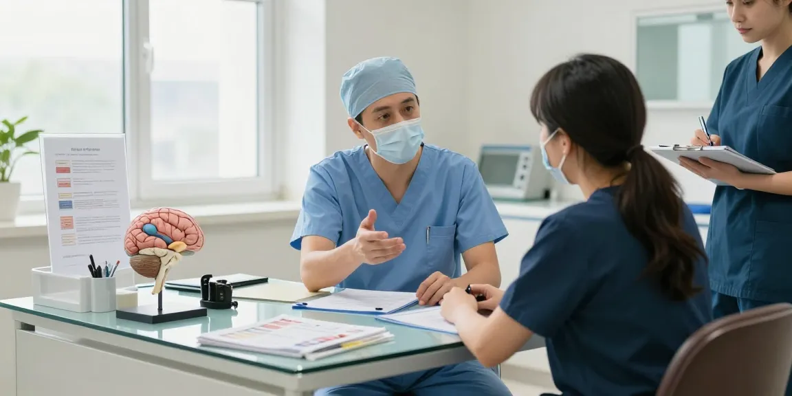 Beyin ameliyatı overview with a surgeon explaining procedures to a patient in a modern hospital