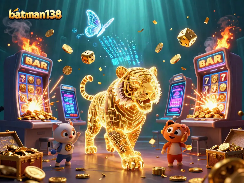 Experience thrilling jackpots with batman138's vibrant 3D casino illustration featuring neon energy characters.