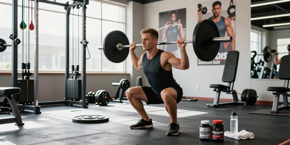 Fitness enthusiast performing barbell squats in a bright gym, representing the Steroid Shop's role in bodybuilding success.