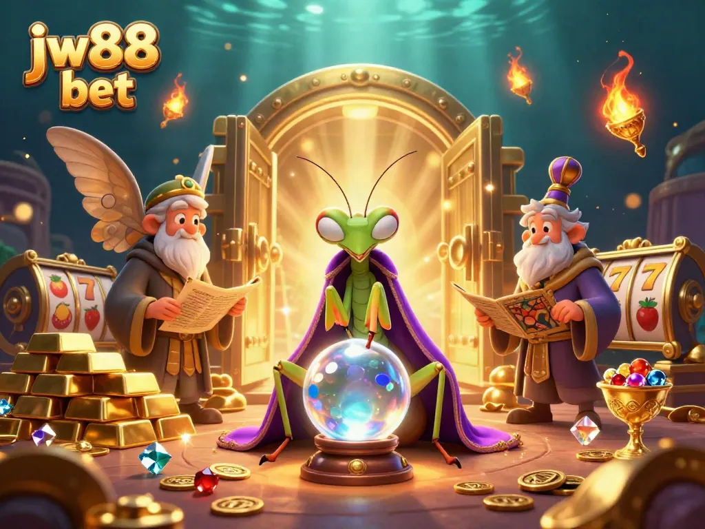 Experience jw88 bet excitement with a magical casino scene featuring fortune tellers, gold treasures, and slot symbols.