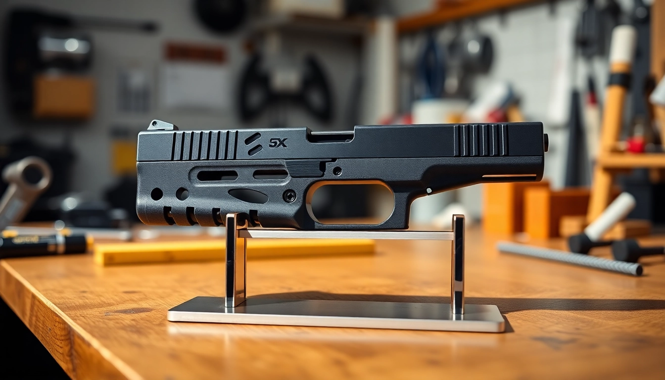 Showcasing a glock 43x slide with precision craftsmanship and details in a workshop setting.