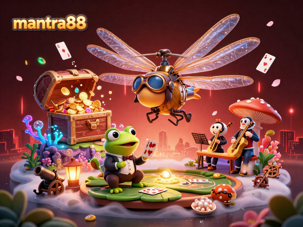 Experience thrilling action with mantra88 as a dragonfly pilot hovers over a lily pad casino while a frog croupier deals cards.