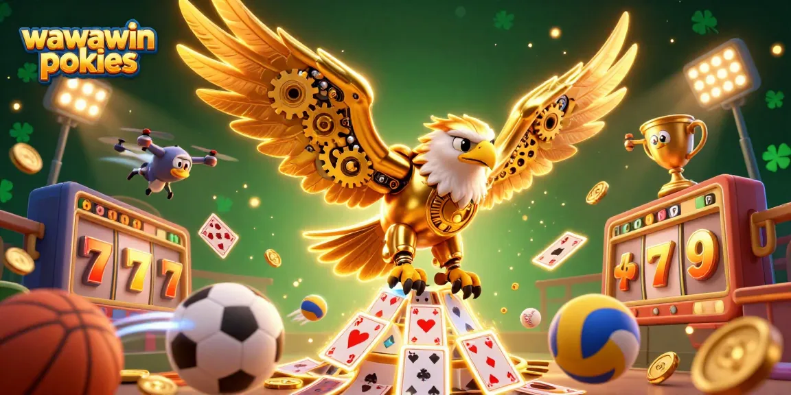 Experience the thrill of wawawin pokies with dynamic 3D slot reels and golden eagle in a vibrant casino scene.