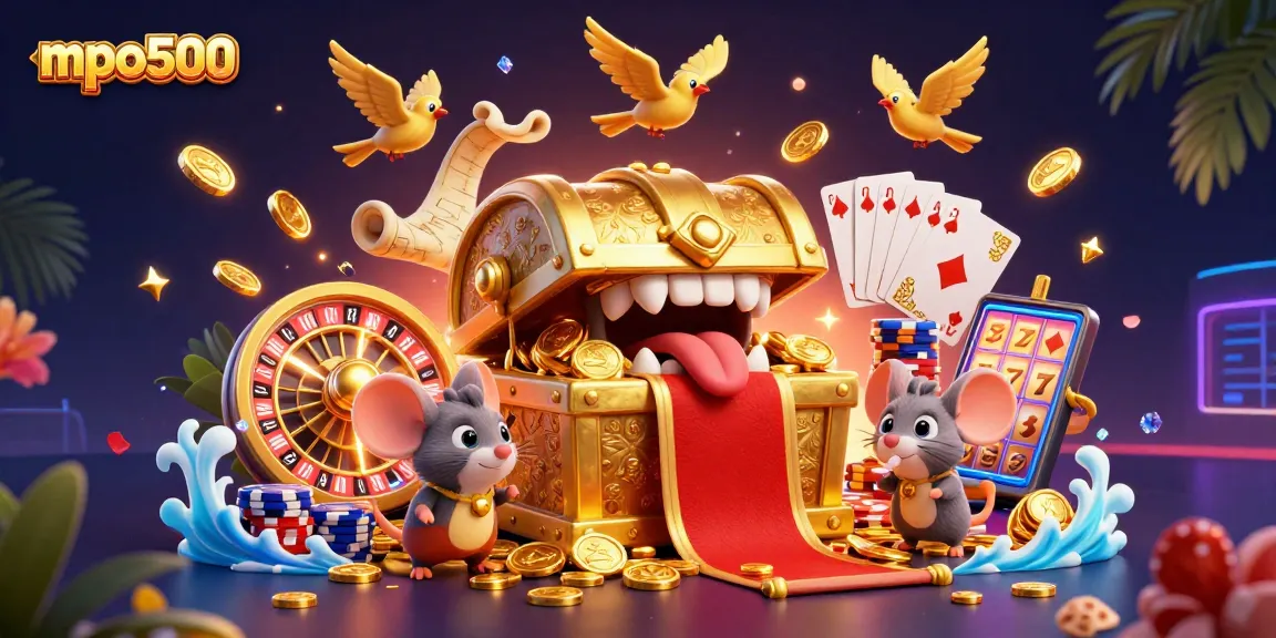 Engage with mpo500's exhilarating slots, showcased in a vibrant, animated casino scene.