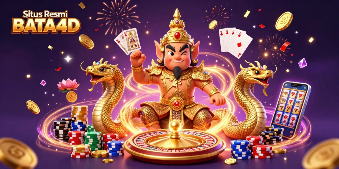 Situs Resmi BATA4D showcases a captivating scene of a Thai temple guardian and Naga serpents amid vibrant casino elements.