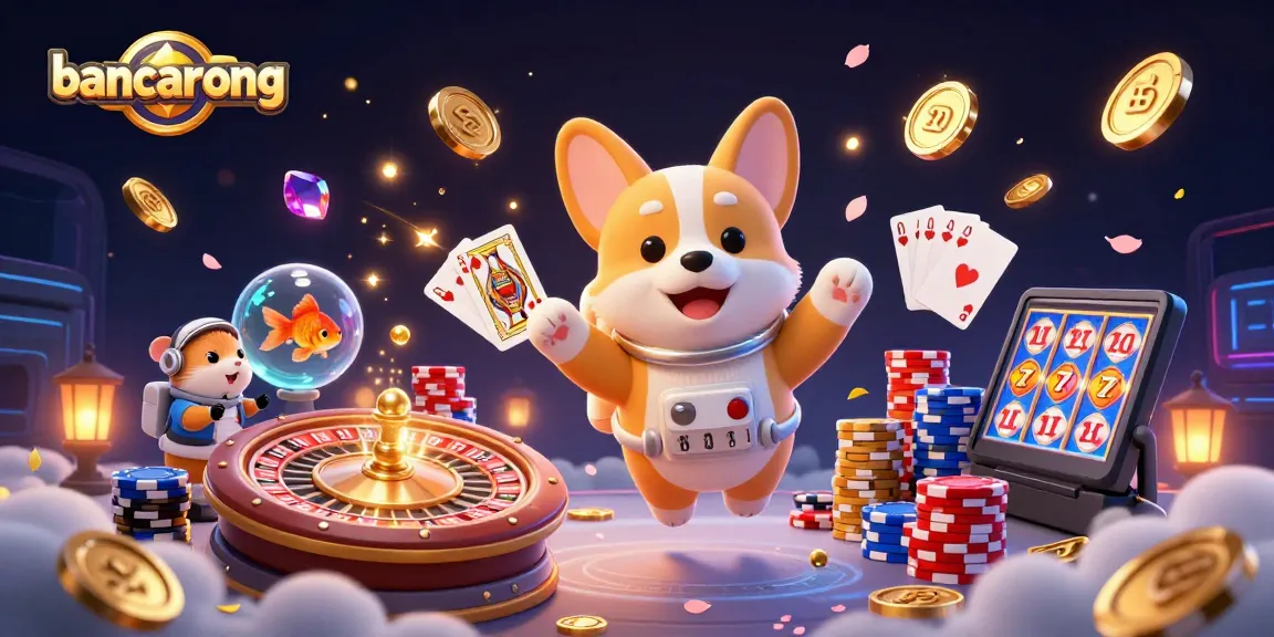 Bancarong's vibrant space casino scene features a playful astronaut corgi, a mission-control hamster, and a curious goldfish in a floating water sphere.