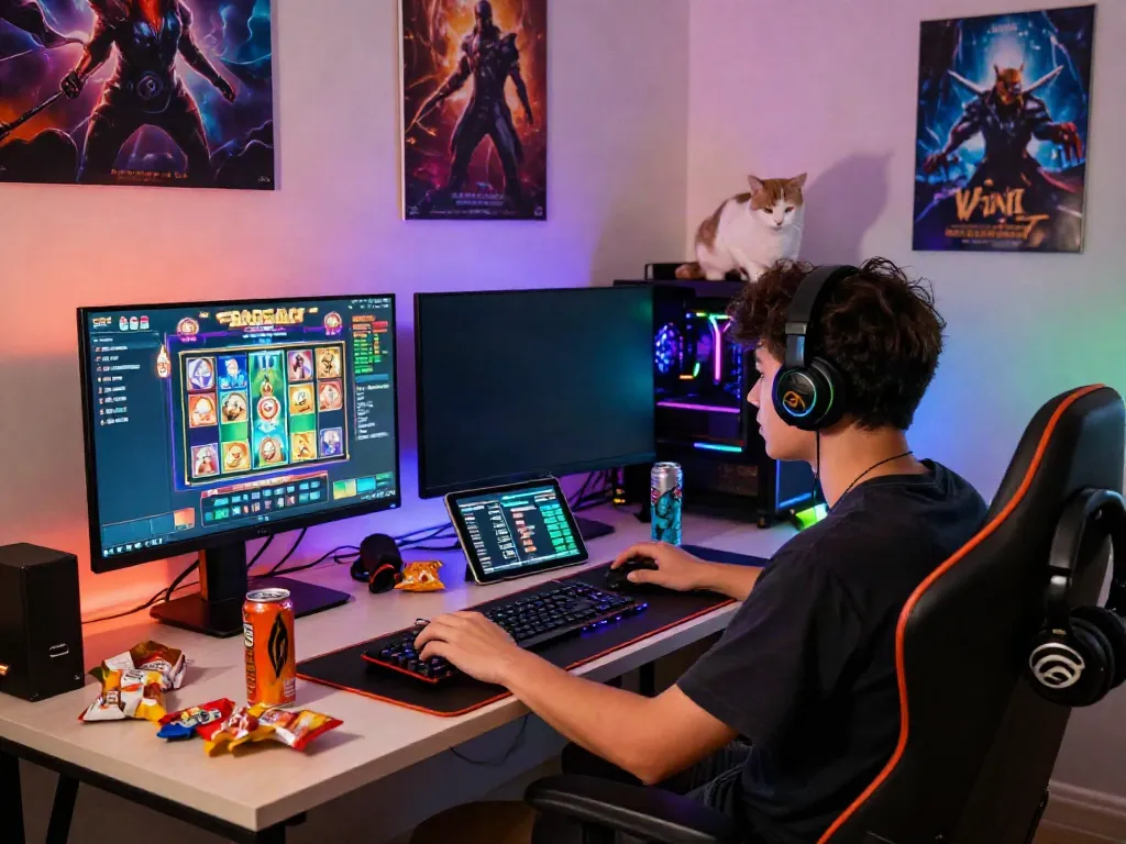 Player enjoying a thrilling slot gacor game on a vibrant gaming setup with colorful lights.