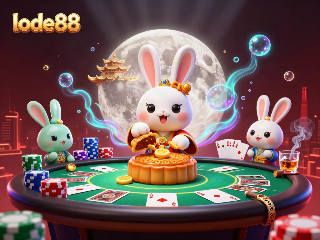Experience lode88 casino fun as the moon rabbit uncovers poker chips within golden mooncakes.