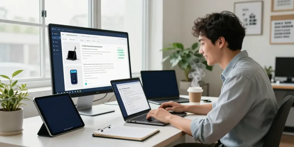 Creating engaging and optimized product descriptions with an AI SEO product descriptions generator in a modern workspace.