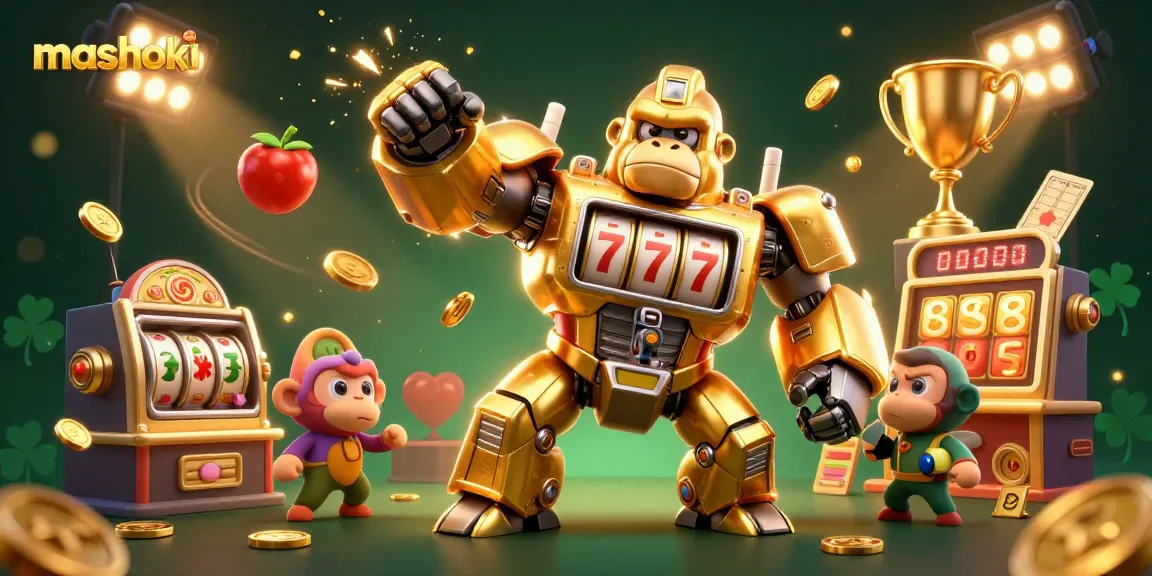 Experience mashoki's thrilling jackpot action with a golden gorilla mech amidst vibrant casino elements.
