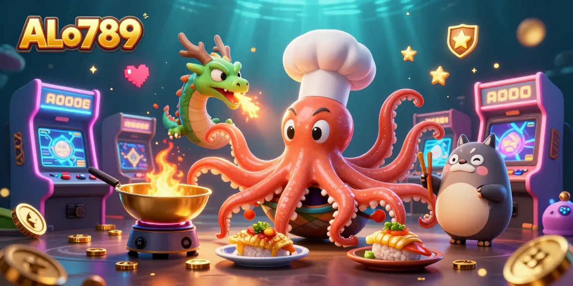 Engage with ALo789's dynamic gaming scene featuring a sushi chef octopus, dragon, and tanuki in vibrant casino atmosphere.